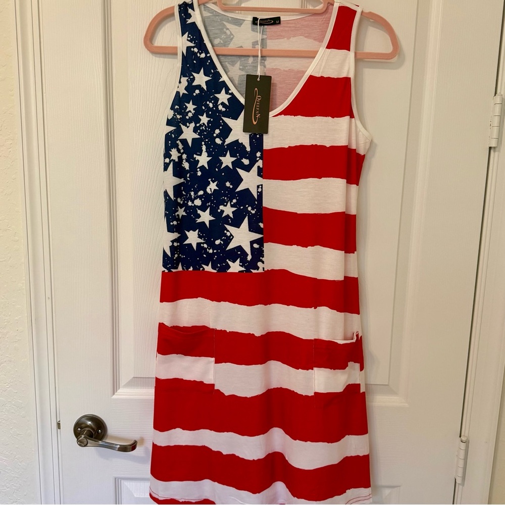 Woman’s -M - American Flag Tank Dress / swimsuit cover up. Red, White & Blue.